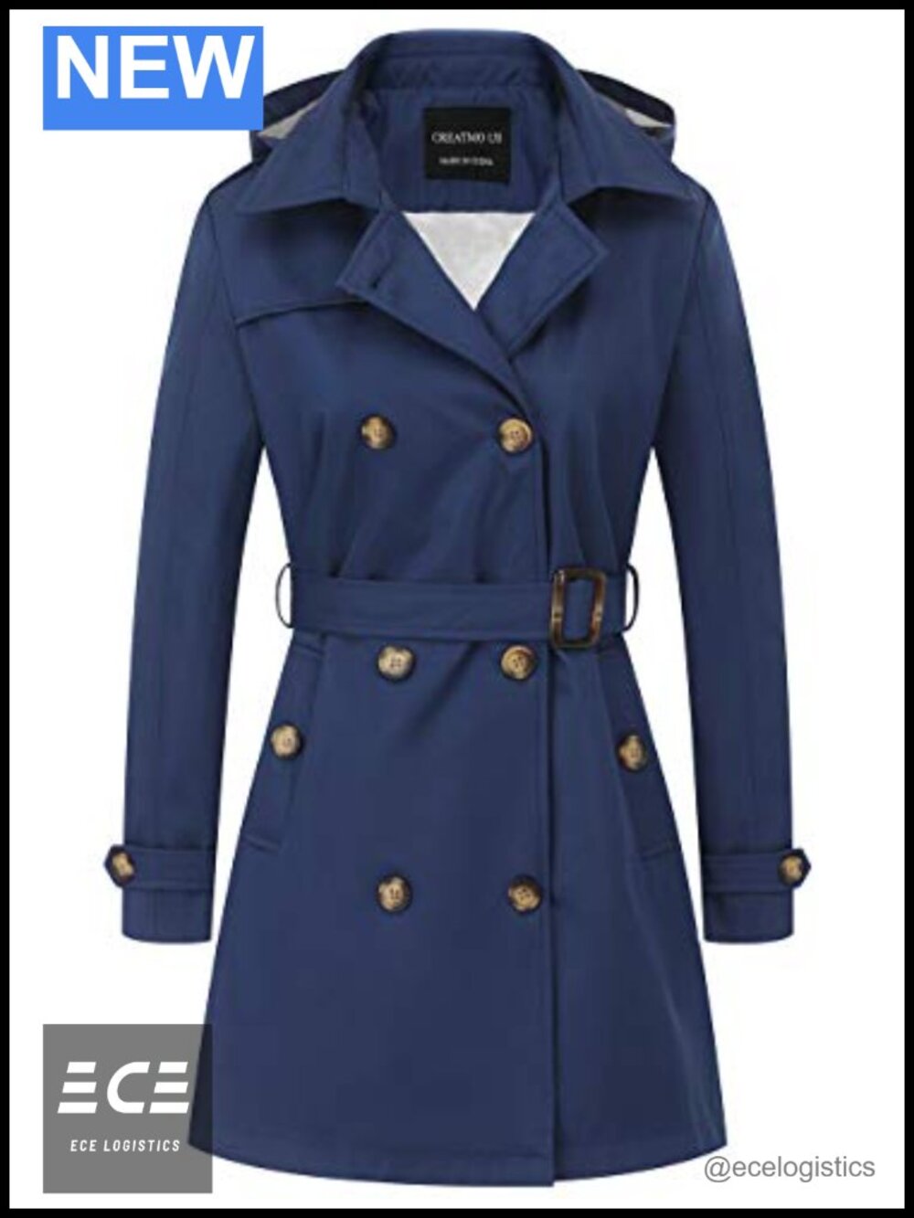 Women's Double-Breasted Trench Coat Belted Slim Fit Detachable Hood